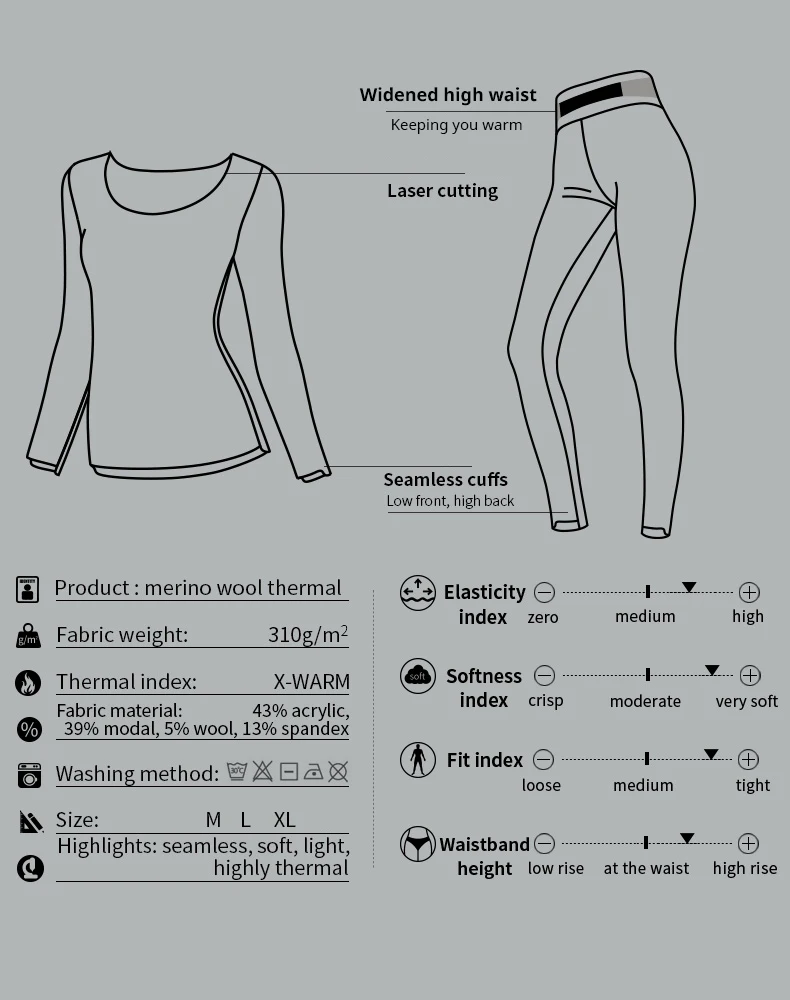 Description Picture 5 of item52025 Women Thermal Underwear with Merino Wool Premium Design Seamless Soft Light Comfortable Warm Long Johns Women Thermals