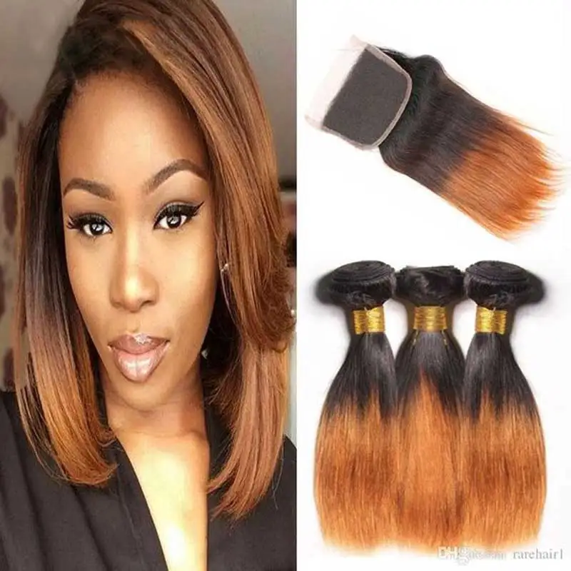 1B27 Ombre Straight Hair Bundles With Closure Brazilian Hair Weave Bundles With Closure Remy Human