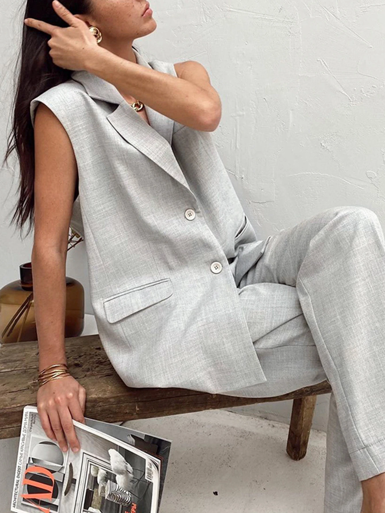 BerryGo Gray sleeveless woman suits Summer casual loose suit Chic suit