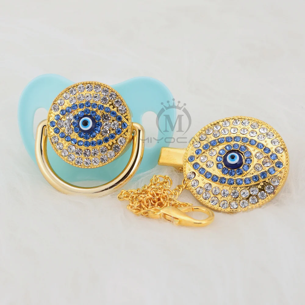 MIYOCAR unique evil eye bling pacifier and pacifier clip set BPA free FDA pass safe and idea gift for baby unique design