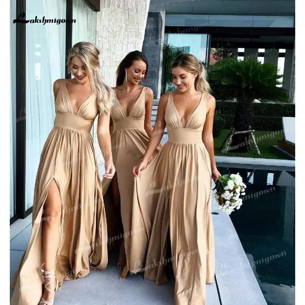 Sexy Slit Champagne Gold Bridesmaid Dresses Floor Length Long Spandex V  Neck Formal Prom Party Gown vestidos de boda invitada|Bridesmaid Dresses| -  AliExpress
