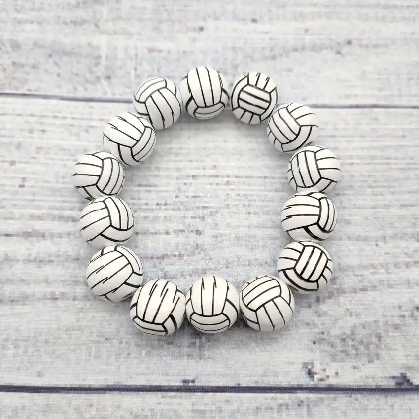Trendy Sports Bracelets for Women Simple Design Baseball Volleyball Soccer Print Handmade Wood Beads Stretch Bracelet