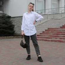 White Blouse Button-Shirt Tunics Cotton Long-Tops Plus-Size Feminine