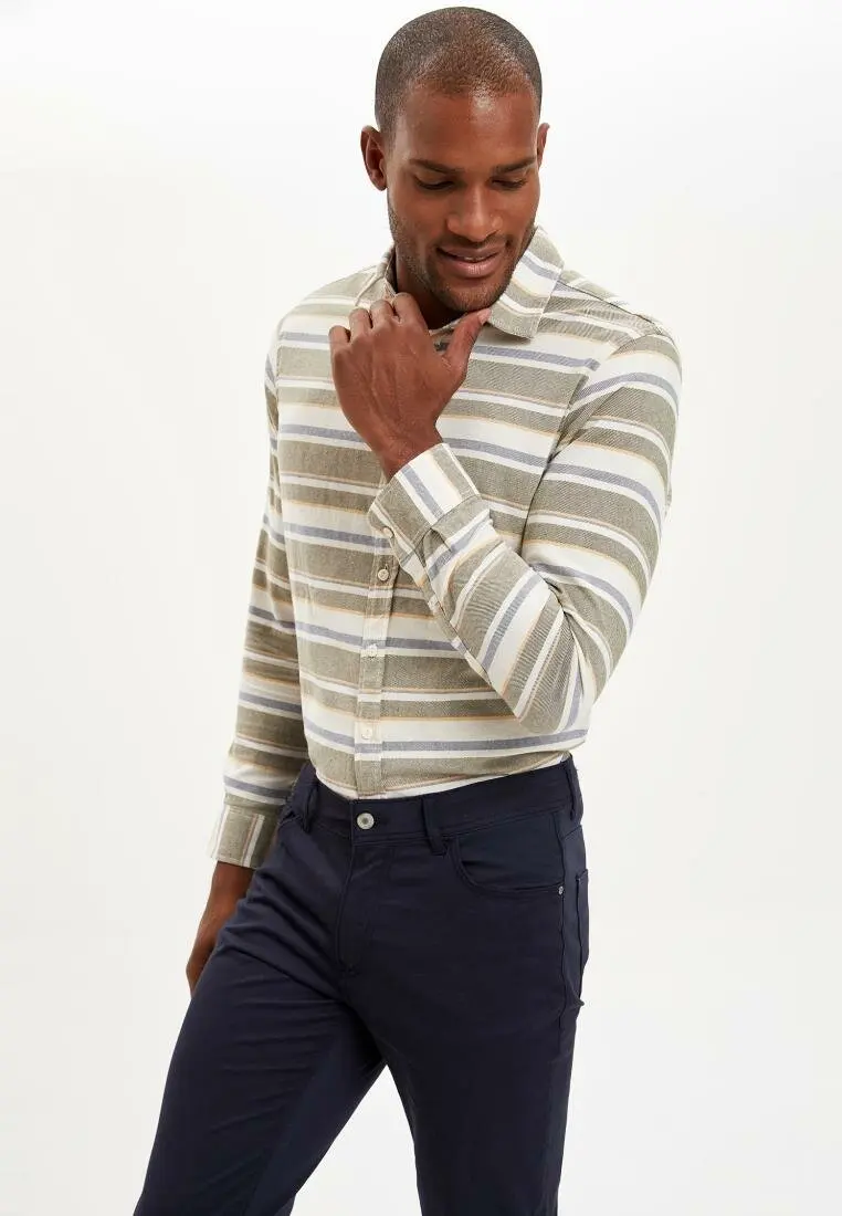 

DeFacto Fashion Lapel Collar Men Casual Striped Shirt Long Sleeve Simple Pockets Shirts Male Top Shirt-J8824AZ19SM