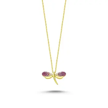 

Angemiel 925 Silver Pink Grayscale Zircon Dragonfly Necklace-Gold Plated