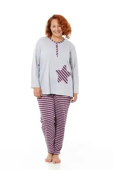 

Mabel Intimate Pajamas Women Long Sleeve Color Grey with stamping and pant Stripes Lilacs. Sizes Great