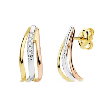

Gold earrings three-color 18k bands smooth 15mm. Center zircons close pressure