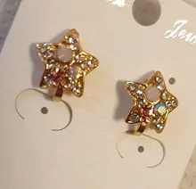 Pendientes de Clip de estrella de lujo para mujer, aretes de diamantes de imitación coloridos, de cristal dorado, sin agujero, para boda y niños