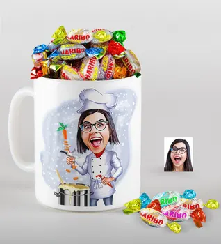 

Personalized Women 'S Chef Caricature Of mug And Haribo Fruitbons Candy Gift Set-Surprise Thoughtful Ancients Custom Design picture