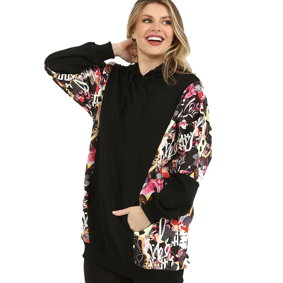 Women’s Plus Size Multicolor Print Sleeve Black Hoodie, Designed and Made in Turkey, New Arrival women’s plus size coller back and sleeves tulle detailed v neck blouse designed and made in turkey new arrival