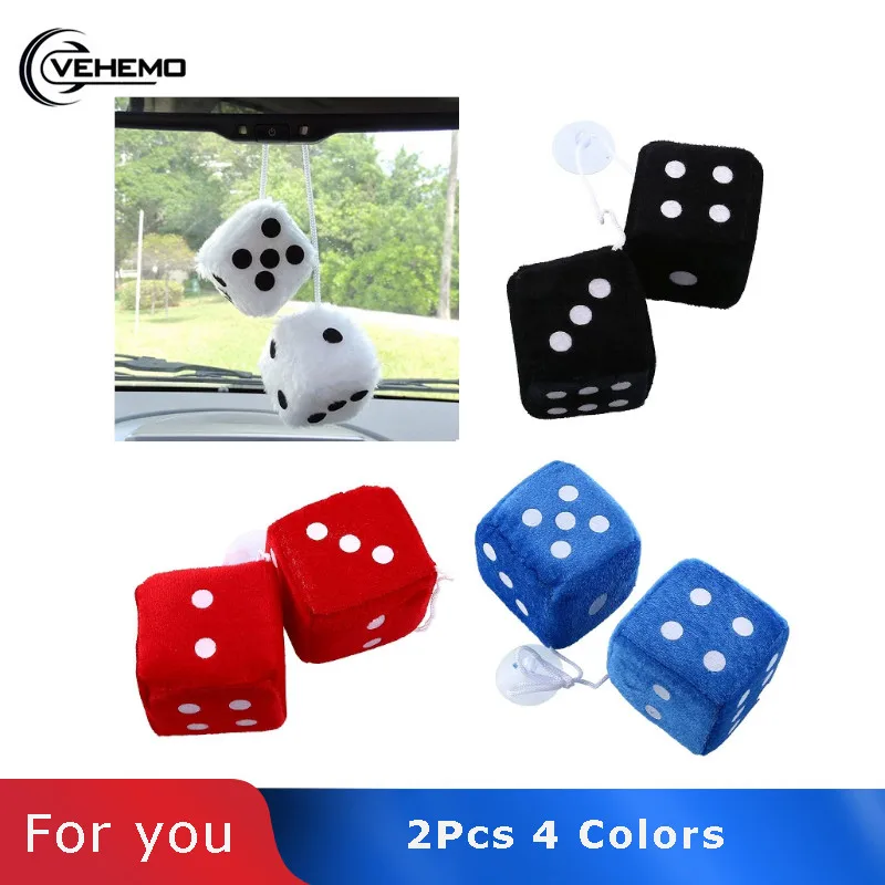 Vehemo Pair Black Fuzzy Dice Dots Rear View Rearview Mirror Hangers