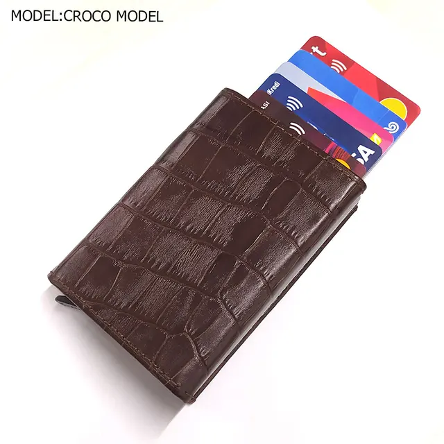 Smart Wallet Business Card Holder Real Cow Leather Handmade Smart Automatic Card Holder Men Gift Croco Coffee