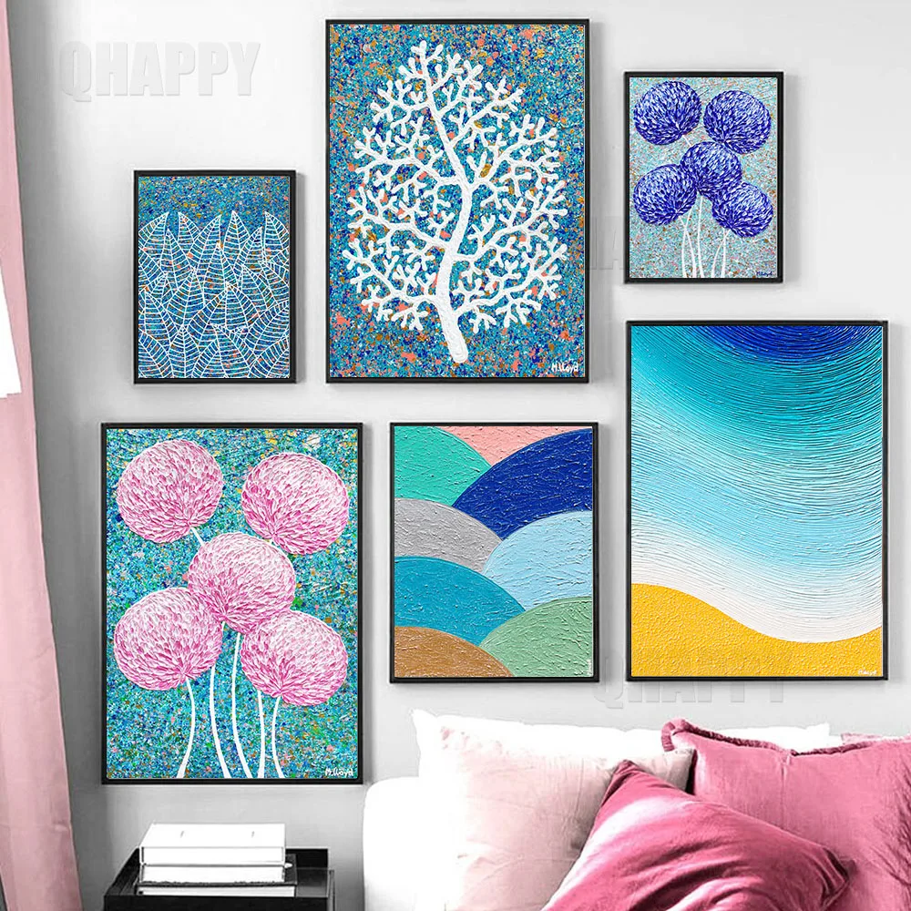 

Abstract Florals Blue Textured Wall Art Canvas PaintingTropical Garden Leaves Prints Nordic Poster For Livingroom Home Decor
