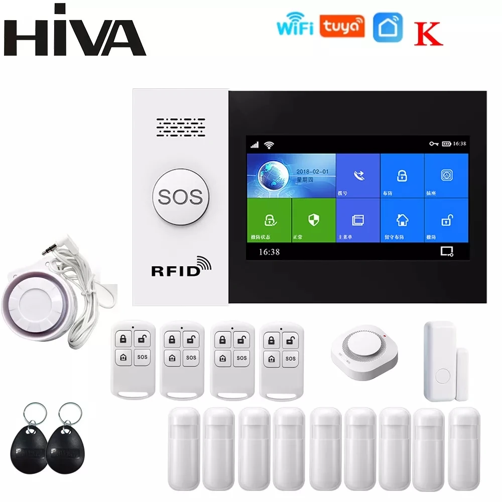 HIVA Alarm Systems Security Home Wifi Gsm with Pir Motion Sensor Tuya Smart Life Alarm work with Alexa elderly emergency button