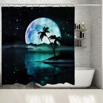 

Shower Curtain Super Moon Starry Sky over the Sea Palm Trees Island Nostalgic Dreamland Surrealistic Artwork Blue Green White