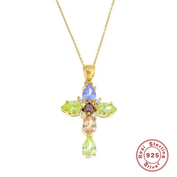 

AIDE 925 Sterling Silver Cross Necklace Women Fashion Cross Colorful Zircon Stone Pendant Necklace Christmas Gift bijoux femme