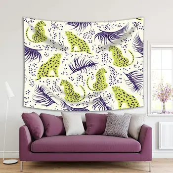 

Tapestry Cheetah with Palm Leaves Tropical Jungles Wild with Animals Exotic Summer Nature Art Yellow Purple White