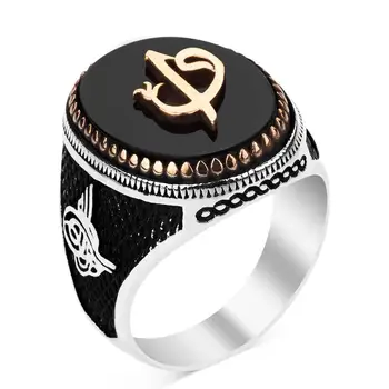 

925 Sterling Silver Arabic E-V Mens Ring with Black Onyx Stonework Fashion Turkish Premium Quality Handmade Jawelery