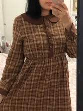 Plaid Dress Peter-Pan-Collar Long-Sleeve Autumn-Style Mori-Girl Cute Kawaii Fashion Lady