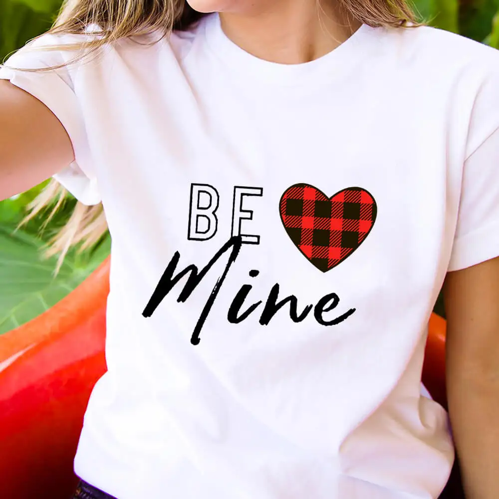 

Be Mine Plaid Heart Printed 100%Cotton Women T-shirt Valentines Day O-Neck Pullovers Short Sleeve Top Valentine's Day Shirt