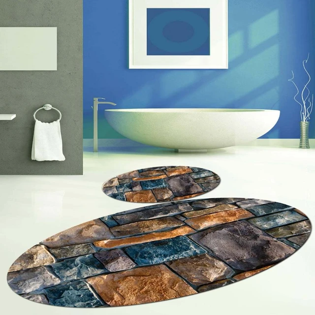 Altro blu marrone muro di pietra mattone 2 pezzi 3d modello stampa  tappetino da bagno s antiscivolo morbido lavabile tappetino da bagno tappeti  wc - AliExpress