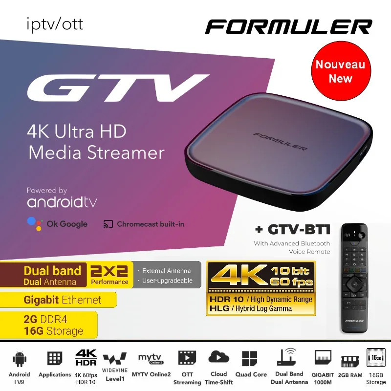 FORMULER GTV IPTV 4K UHD HDR Media Streamer Android TV 9.0 2Go/16Go WiFi Dual Band 2.4G/5G LAN 1000M (Box vendue VIERGE)