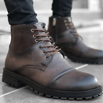 

BA0147 Inside Furry Brown Men Boots, 2021 Winter Fashion, Casual Comfortable Black Base, Lace-Up Zipper Sports Postal