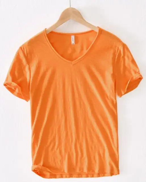 Summer Men linen cotton t shirt men short sleeve V-neck breathable soft Loose Thin white t-shirt men Asian size M-XXXL 201 Orange