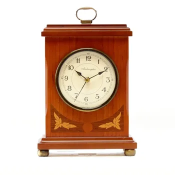 

Desk table clock, bookshop, living room, office, bedroom. Made of wood with marquetry, classic style. Cherry Color