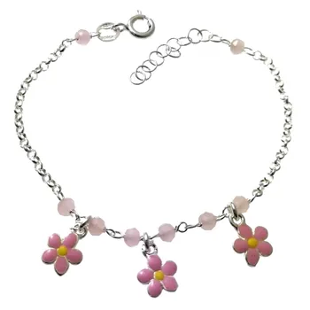 

Bracelet 925 Sterling silver m infant 14.5cm. Rolo chain stones flowers glazed roses hanging