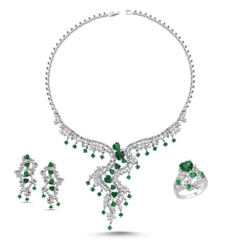 شراءفضة 925 الاسترليني الزمرد الزركون حجر قلادة ، خاتم و طقم من الحلقان
