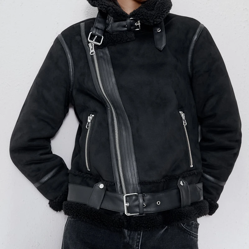 

Obrix Cool Autumn Spring Female Jacket V-Neck Zippers Belts Trendy Fit Warm Liner Jacket For Women