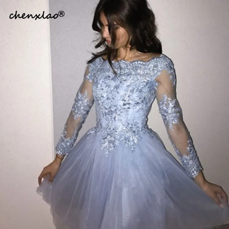 Vestidos небесно-синие Бальные платья круглый вырез Длинные рукава Короткие вечерние платья выпускные платья