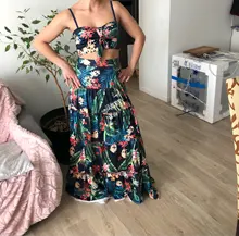 Holiday-Set Skirts Bandage Crop-Top Boho Strapless Ruffles Floral-Printed High-Waist