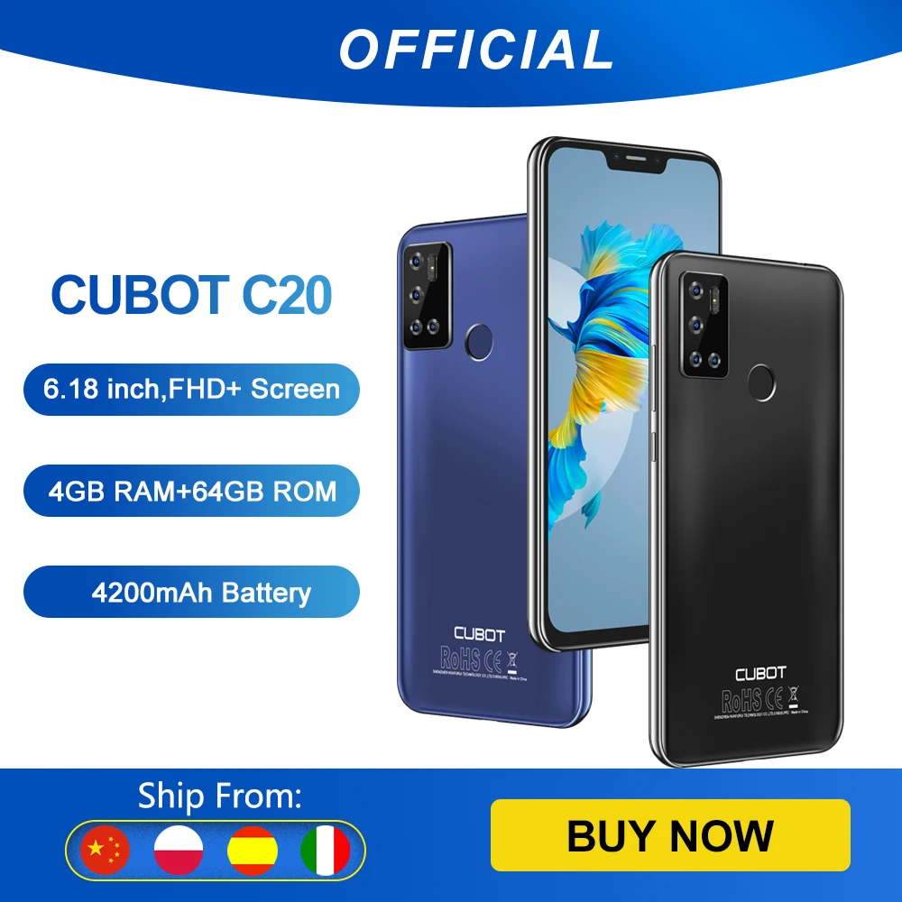 Cubot C20 12MP cuádruple cámara Quad cámara de IA 4GB+64GB Ampliables Smartphone Octa-core 4G LTE celular NFC Apoya Google Pay 6,18 pulgadas FHD + 4200mAh batería WIFI 2,4G/5G Android 10 SIM Dual teléfono móvil
