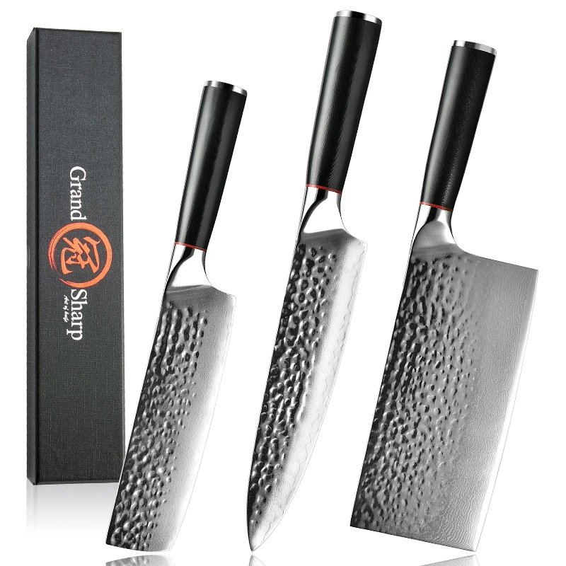 

Chef Knife Set Japanese Kitchen Knives VG10 Damascus Steel 67 Layers Cleaver Nakiri Slicing Cooking Tools Hammered Finish NEW