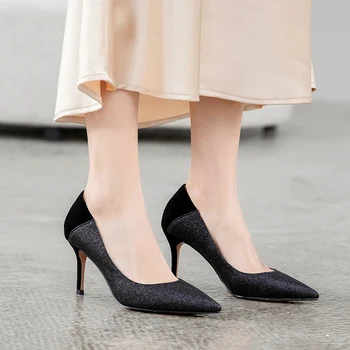 

Gold Glitter Leather Heels Women 2020 Autumn New High Heels Leather Shoes for Women Heels 7.5cm