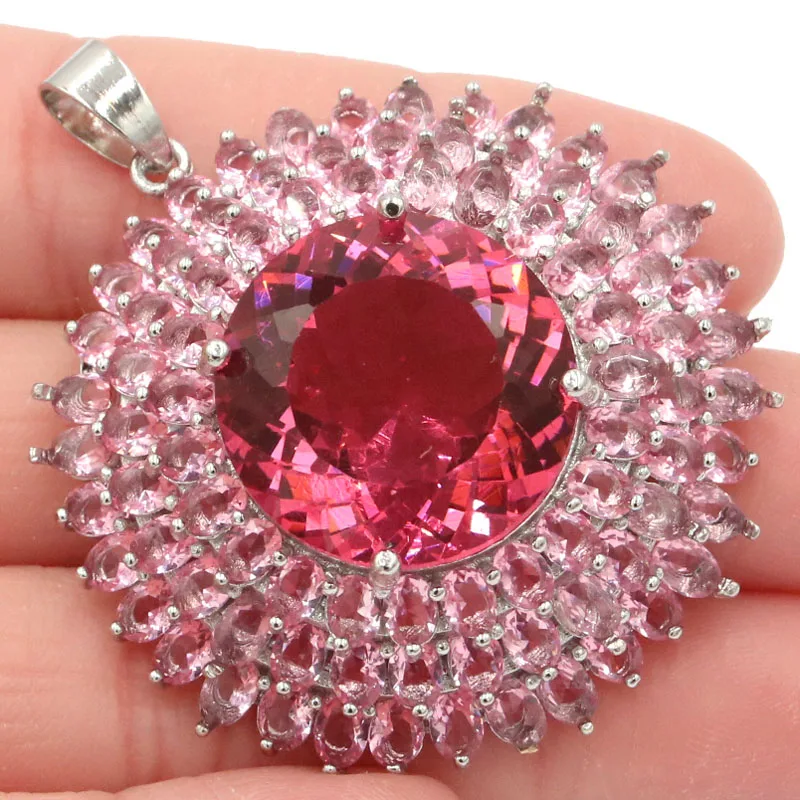 

50x40mm Deluxe Big Round 20mm 19.6g Created Pink Morganite Ladies Wedding Silver Pendant