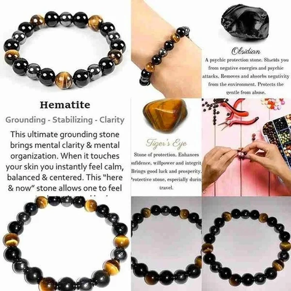 Mens Jewellery Bracelet for Men Tiger Eye Triple Protection Hematite and Black Obsidian Stone Beaded Couple Bracelet Pulseras