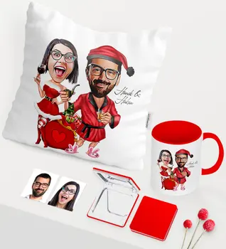 

Personalized Christmas Theme Valentine Caricature Of Red Mug Mirror Pillow set-5