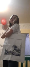 Bolso de lona de gran capacidad con impresión divertida de onda japonesa, bolso de hombro femenino de moda Harajuku con dibujos y letras Ulzzang con cremallera