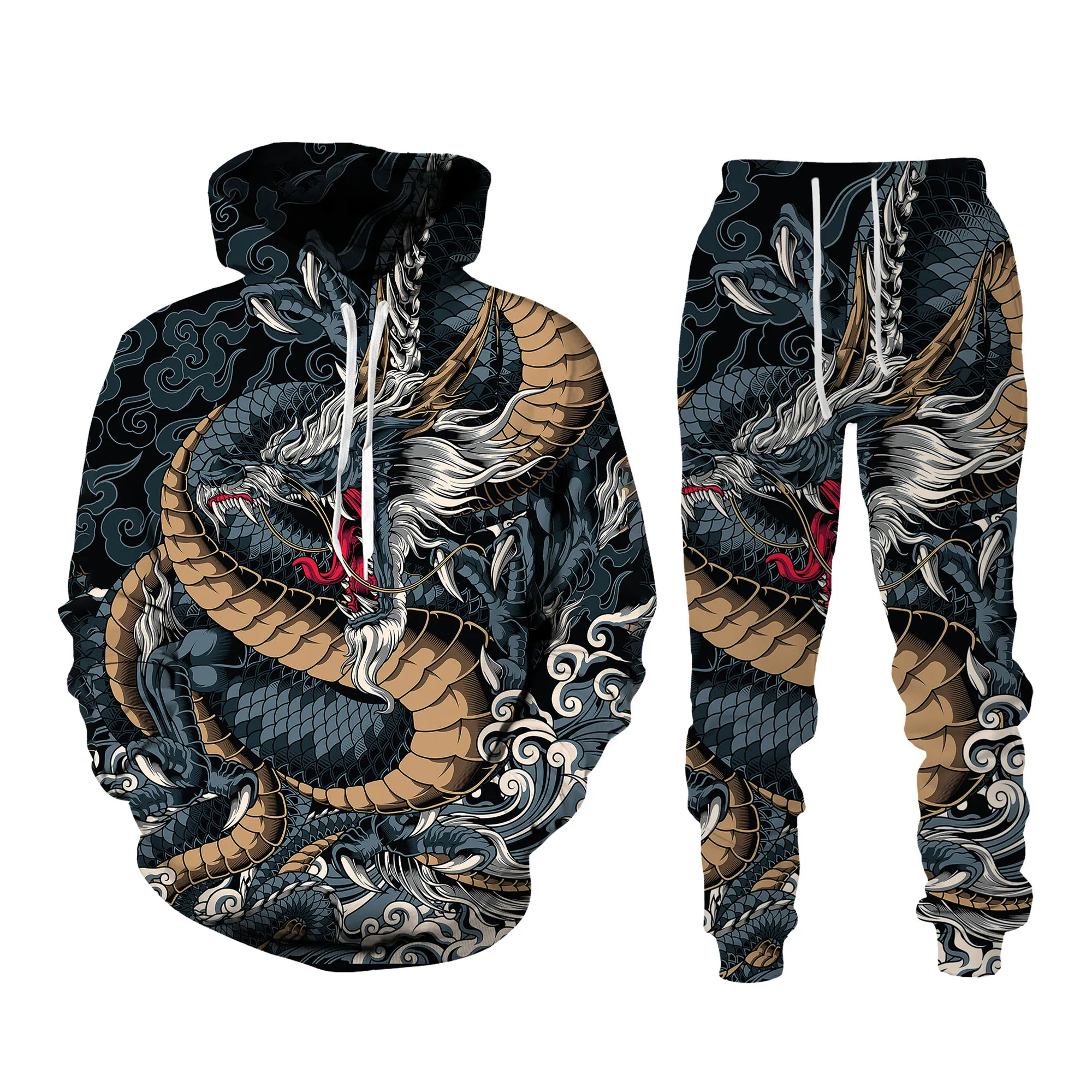 Autumn 3D Oriental Dragon God Printed Mens Hooded Sweater Set Male Japanese Samurai Tattoo Zipper 3d Tracksuit Men Clothing Suit mens jogger sets