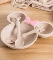 Tazón de paja de trigo Natural para bebé, juego de vajilla de dibujos animados para niño pequeño, plato de alimentación para niño, tazón de entrenamiento para niño, cuchara, tenedor