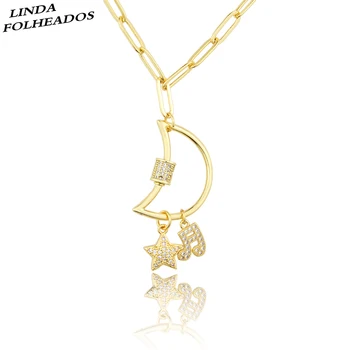 

LINDA FOLHEADOS New Design Sweet Small Star Moon Shape Gold Copper Combination Tag Sweater chain Pendant Necklace Women Gifts