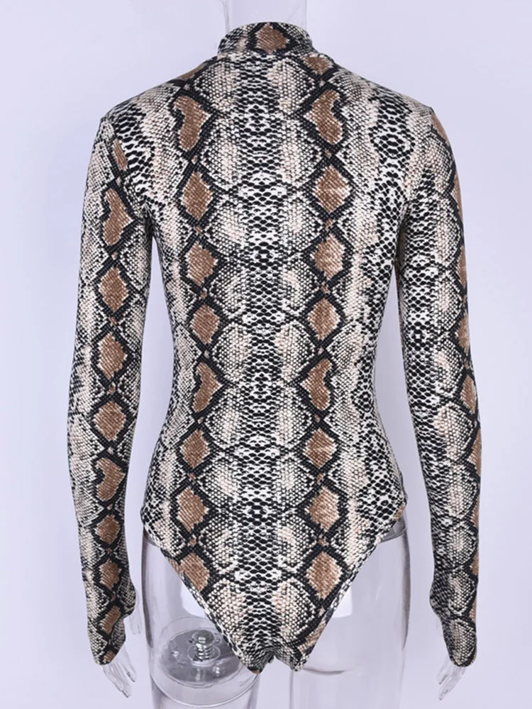 InstaHot Snakeskin Bodysuits Women Sexy Snake Skin High Turtleneck Long Sleeve Python Fashion 2018 Spring Rompers Playsuit Lady mesh bodysuit