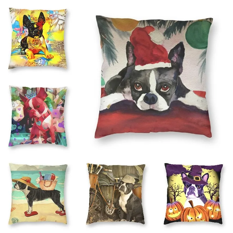 

Nordic Style Boston Terrier Dog Cushion Cover Soft Waiting For Santa Christmas Throw Pillow Case Home Decorative For Living Room