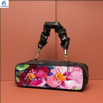 

Oil painted 2020 new summer Baguette Totes women fashion women Genuine leather Handbag ART Hand Painted Flowers Hanada