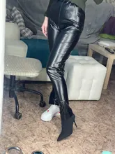 OrangeA de moda de las mujeres pantalones de piel de imitación Y2K pantalones dividir lápiz negro de alta cintura moda de calle elegante Sexy Slim Skinny Clubwear