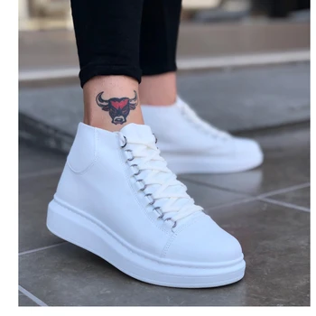 

BA0032 BOA Laced Snekaers White High Bottom Half Ankle Boot. Shoe, boot, sneaker, van, chaussure, air, para, flip, cover