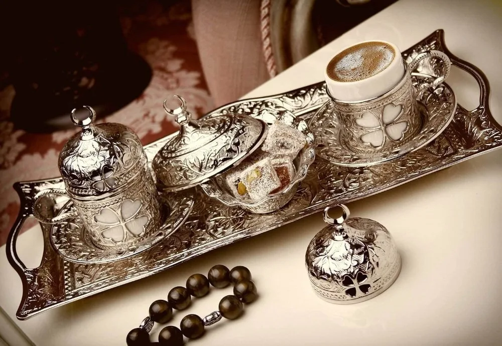 Handmade authentic Design Turkish Greek Arabic Coffee Espresso Set for 2 Service, Cups Saucers Lids Tray Delight Candy Dish GIFT